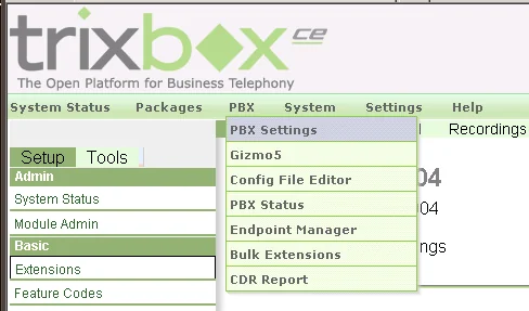 Trixbox CE PBX Settings