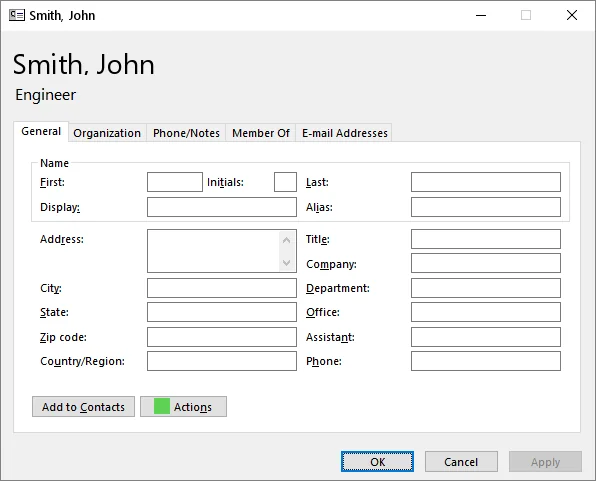 Outlook contact properties